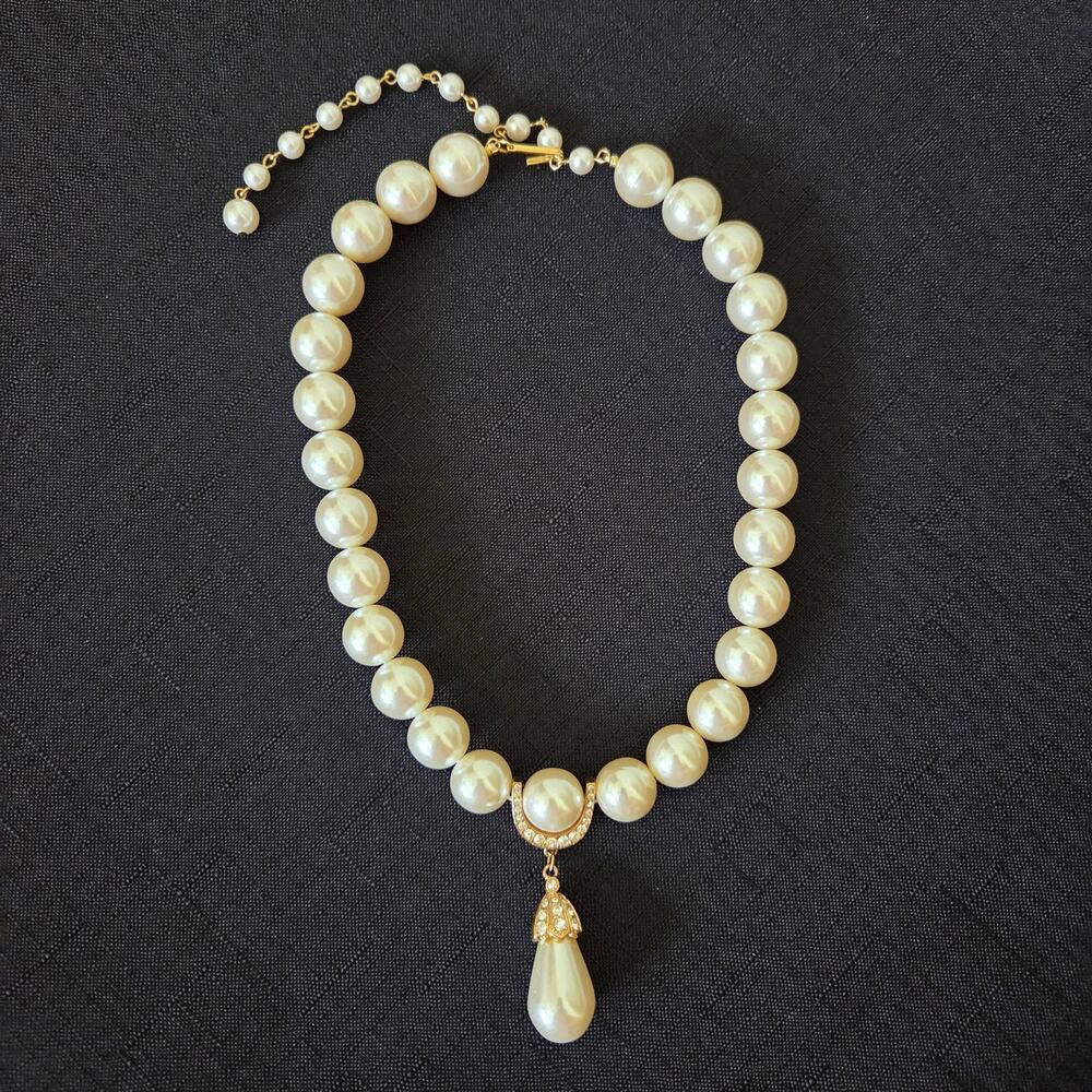Vintage Marvella Faux Pearl Rhinestone Choker Necklace Ivory Gold Bridal - Picture 12 of 13
